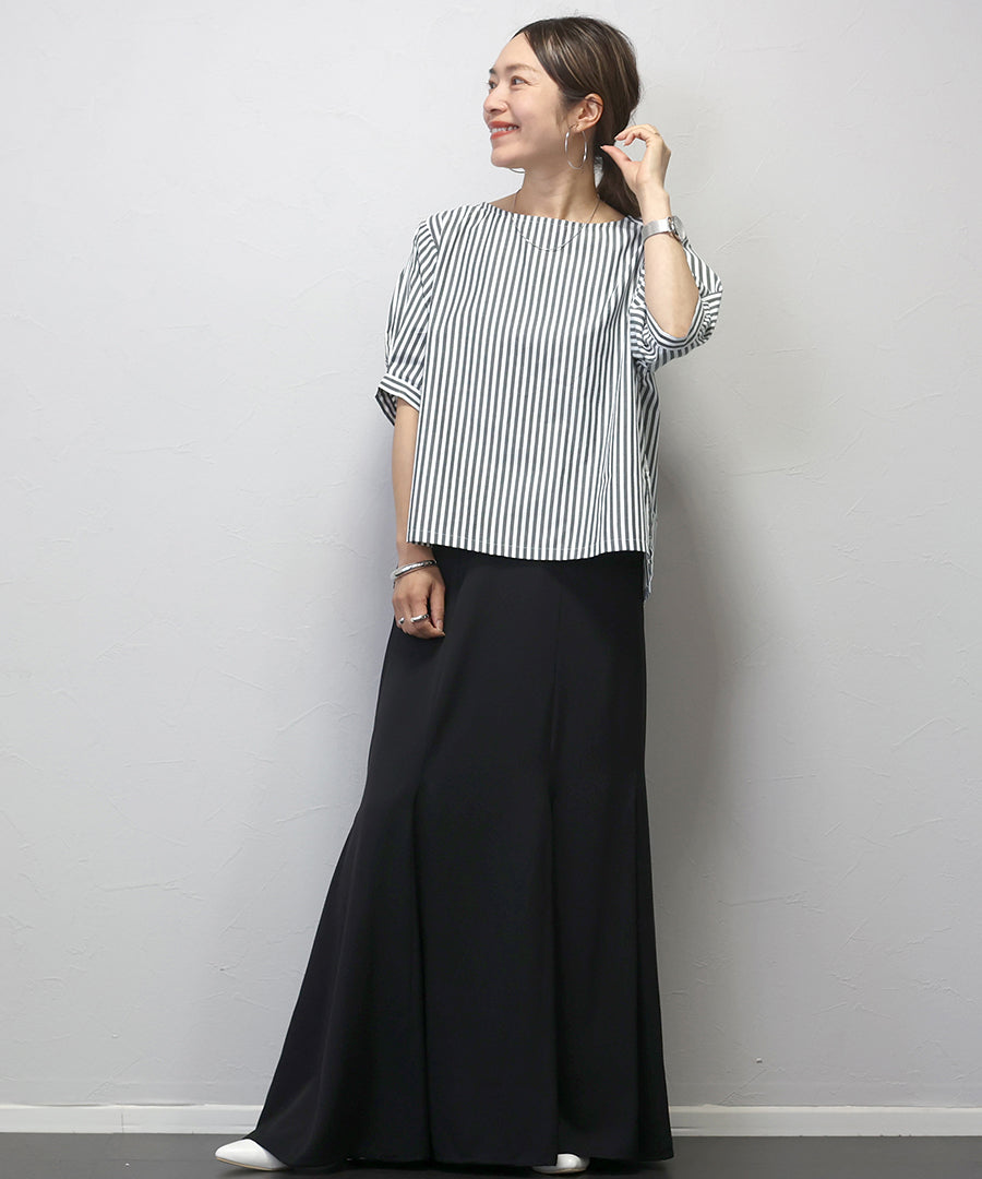 アレッタ ヴィータ Aletta vita T/Cストライプボートネック5分袖ブラウス (チャコール) チャコール