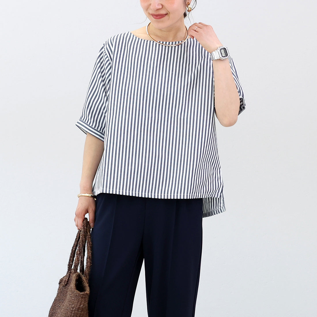 アレッタ ヴィータ Aletta vita T/Cストライプボートネック5分袖ブラウス (チャコール) チャコール