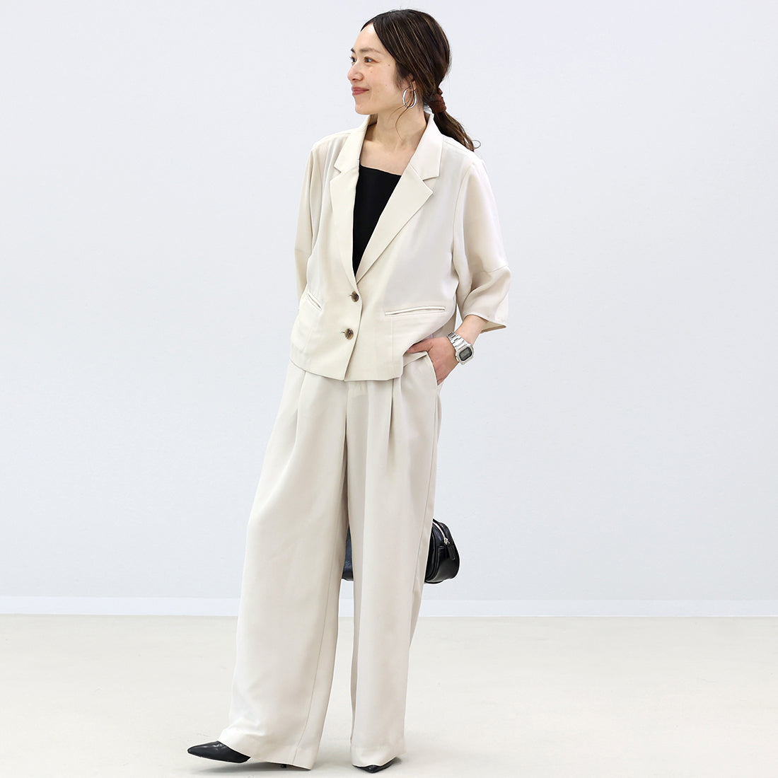 Aletta vita Wood Pattern Twill Tuck Wide Pants