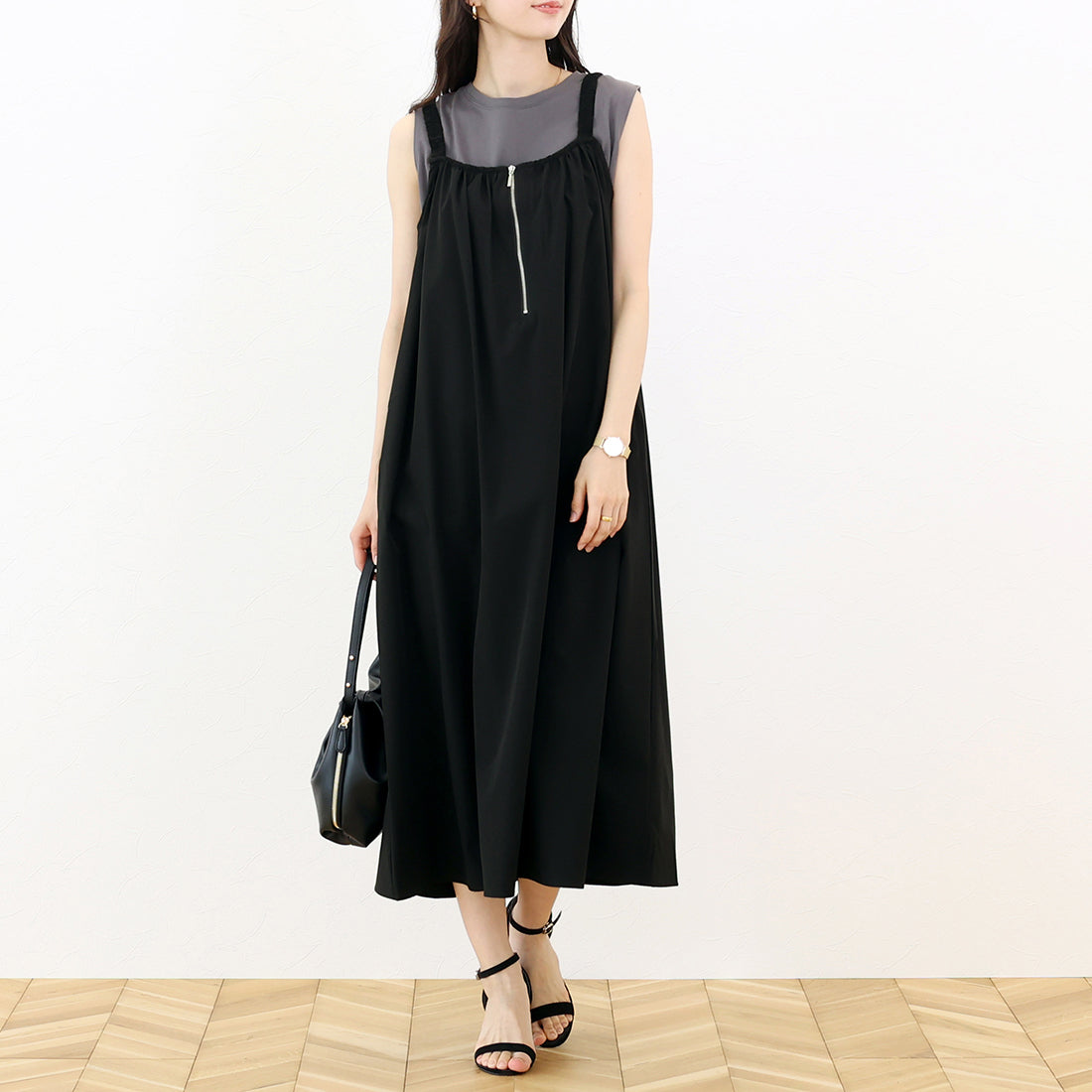 アレッタ ヴィータ Aletta vita フロントジップ後ろリボンキャミワンピース (ブラック) ブラック