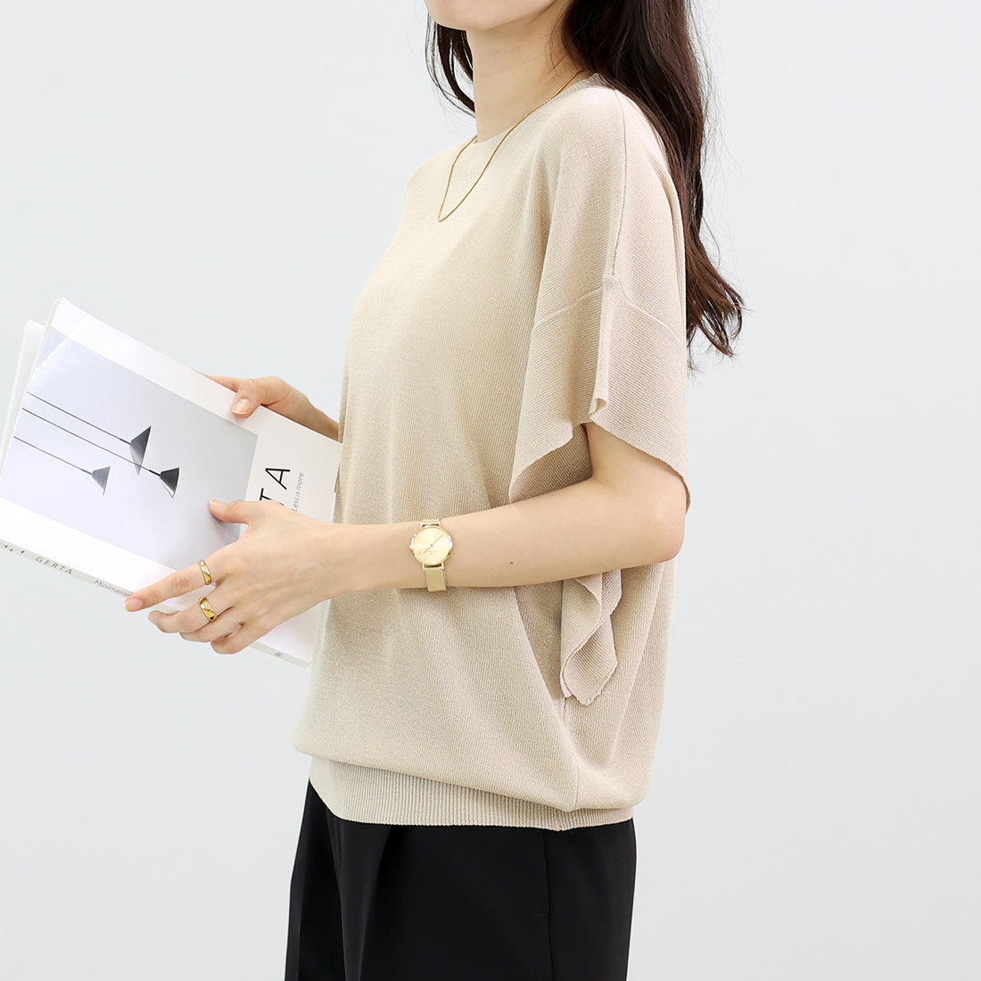 アレッタ ヴィータ Aletta vita フリルスリーブニットプルオーバー (グレージュ) グレージュ