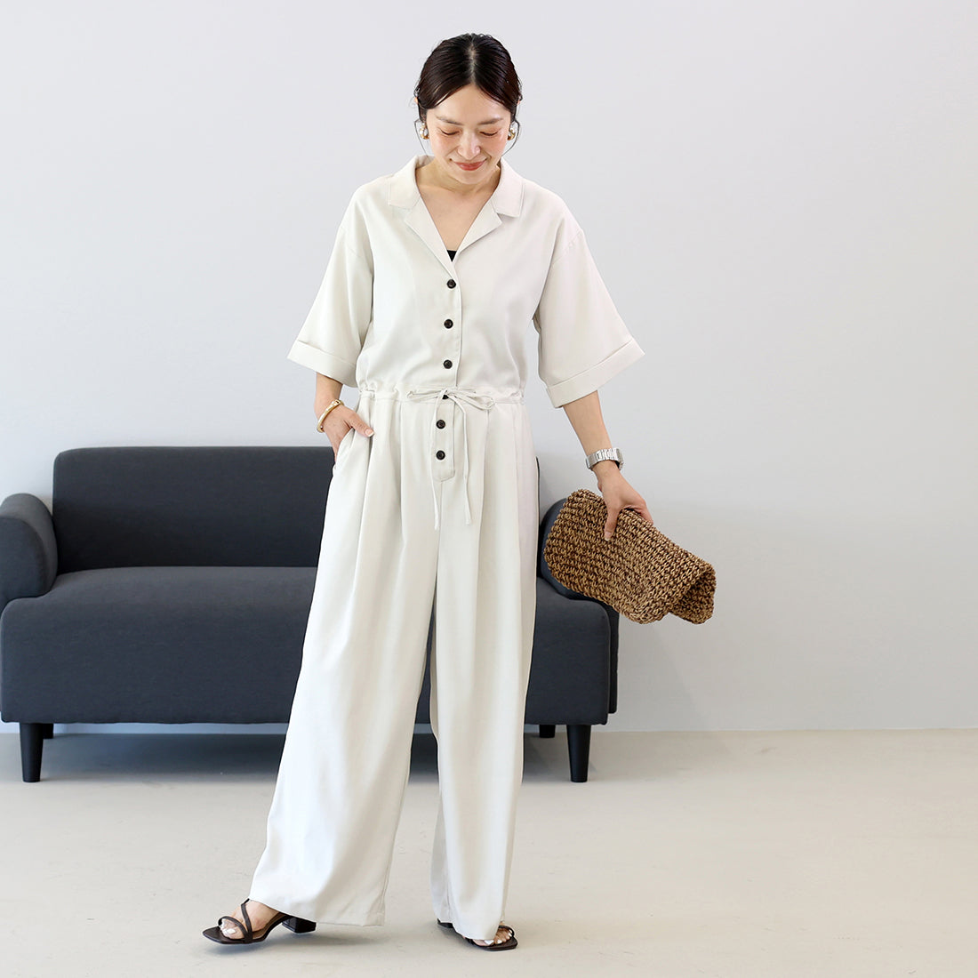 アレッタ ヴィータ Aletta vita エステルツイル開襟オールインワンサロペット (オフベージュ) オフベージュ