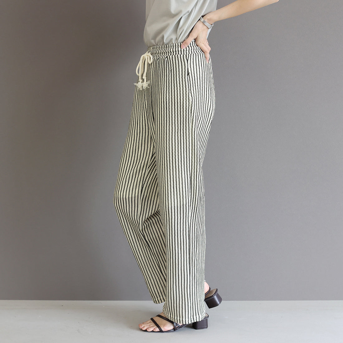 アレッタ ヴィータ Aletta vita ストライプレースイージーワイドパンツ (アイボリー) アイボリー