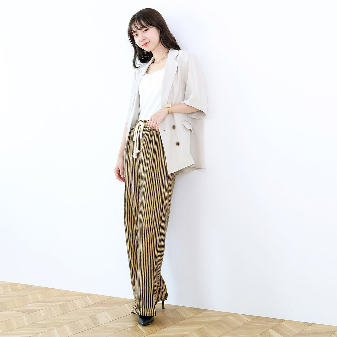 アレッタ ヴィータ Aletta vita ストライプレースイージーワイドパンツ (アイボリー) アイボリー