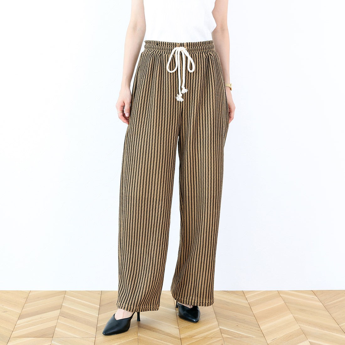 アレッタ ヴィータ Aletta vita ストライプレースイージーワイドパンツ (ブラウン) ブラウン