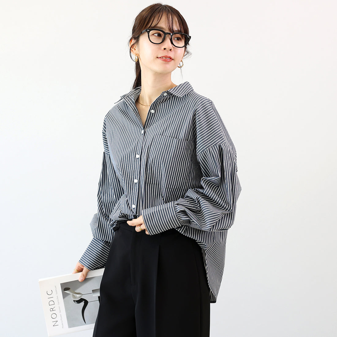 アレッタ ヴィータ Aletta vita 袖タックブロード長袖シャツ (ネイビーストライプ) ネイビーストライプ