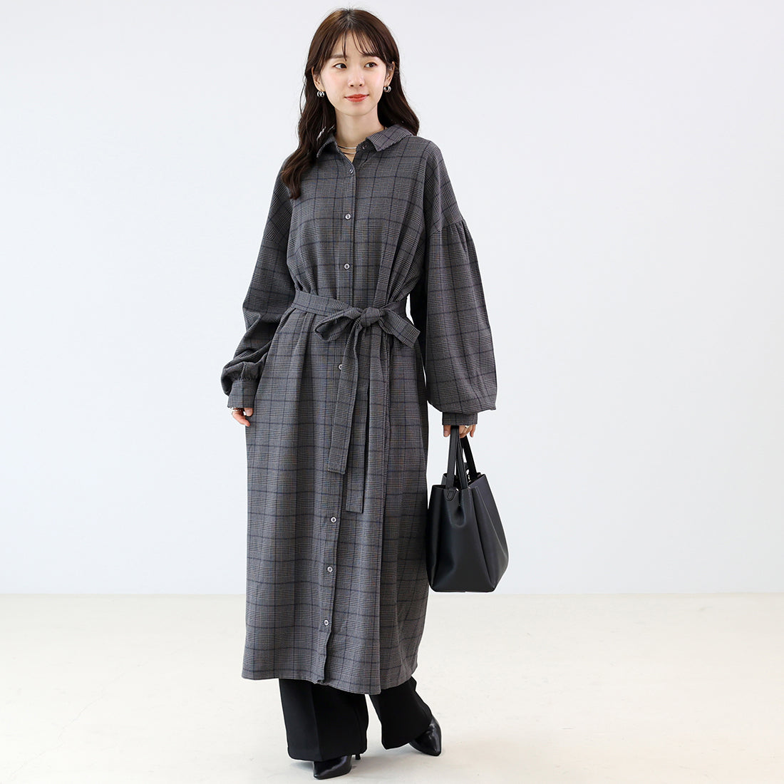 アレッタ ヴィータ Aletta vita 先染めチェック前開きシャツワンピース (チャコール) チャコール