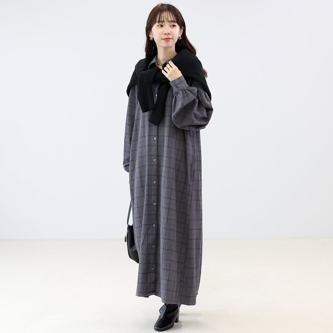 アレッタ ヴィータ Aletta vita 先染めチェック前開きシャツワンピース (チャコール) チャコール