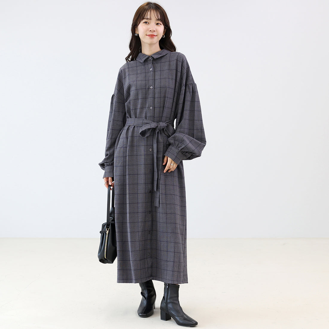 アレッタ ヴィータ Aletta vita 先染めチェック前開きシャツワンピース (チャコール) チャコール