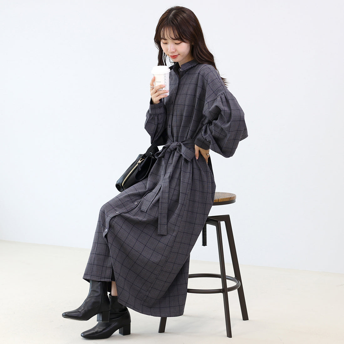 アレッタ ヴィータ Aletta vita 先染めチェック前開きシャツワンピース (チャコール) チャコール