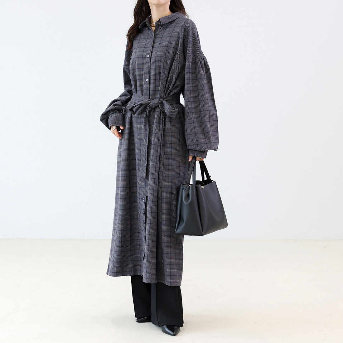 アレッタ ヴィータ Aletta vita 先染めチェック前開きシャツワンピース (チャコール) チャコール