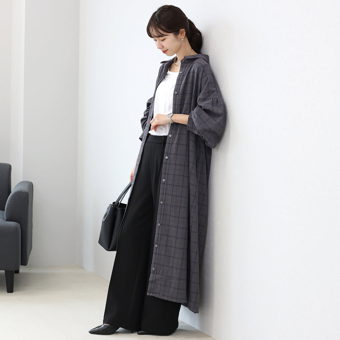 アレッタ ヴィータ Aletta vita 先染めチェック前開きシャツワンピース (チャコール) チャコール