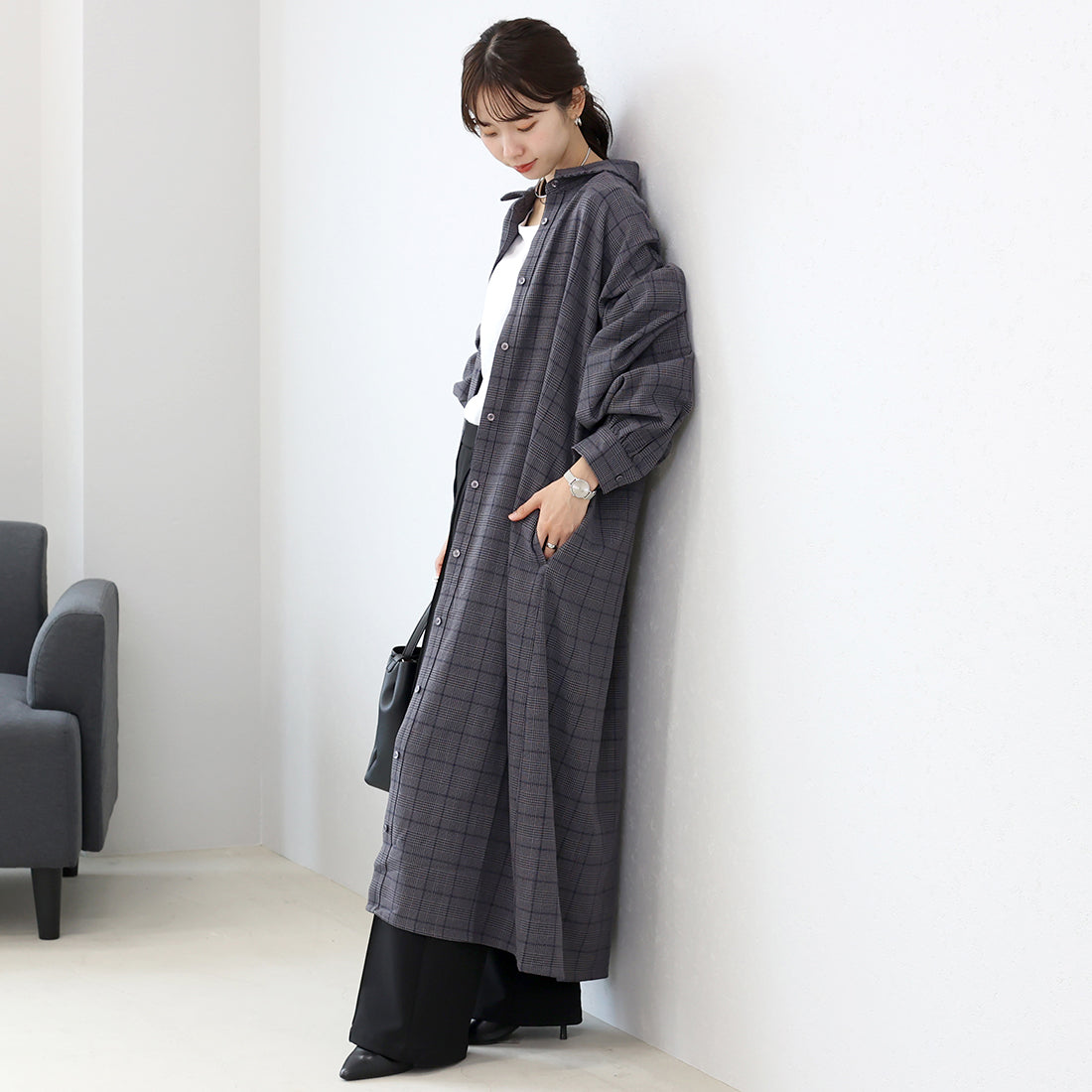 アレッタ ヴィータ Aletta vita 先染めチェック前開きシャツワンピース (チャコール) チャコール