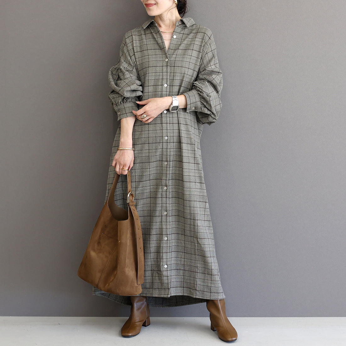 アレッタ ヴィータ Aletta vita 先染めチェック前開きシャツワンピース (チャコール) チャコール