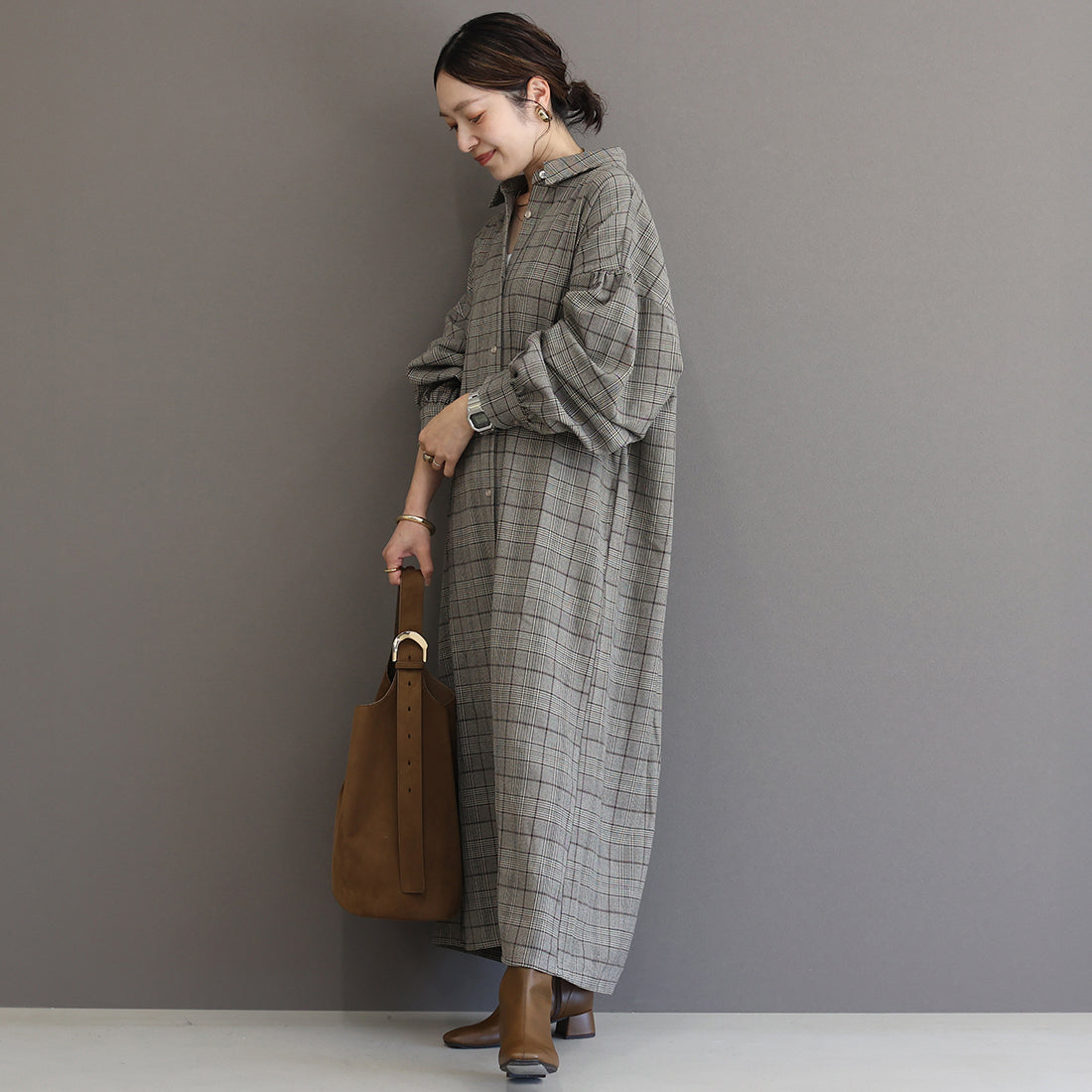 アレッタ ヴィータ Aletta vita 先染めチェック前開きシャツワンピース (チャコール) チャコール