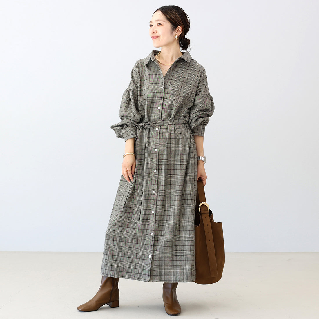 アレッタ ヴィータ Aletta vita 先染めチェック前開きシャツワンピース (チャコール) チャコール