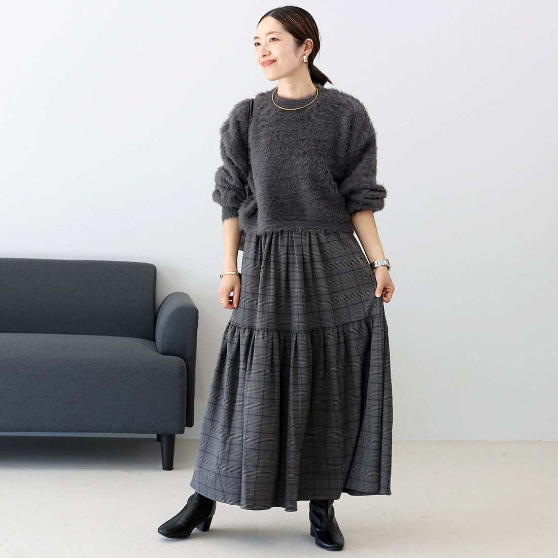 アレッタ ヴィータ Aletta vita 先染めチェックティアードスカート (チャコール) チャコール