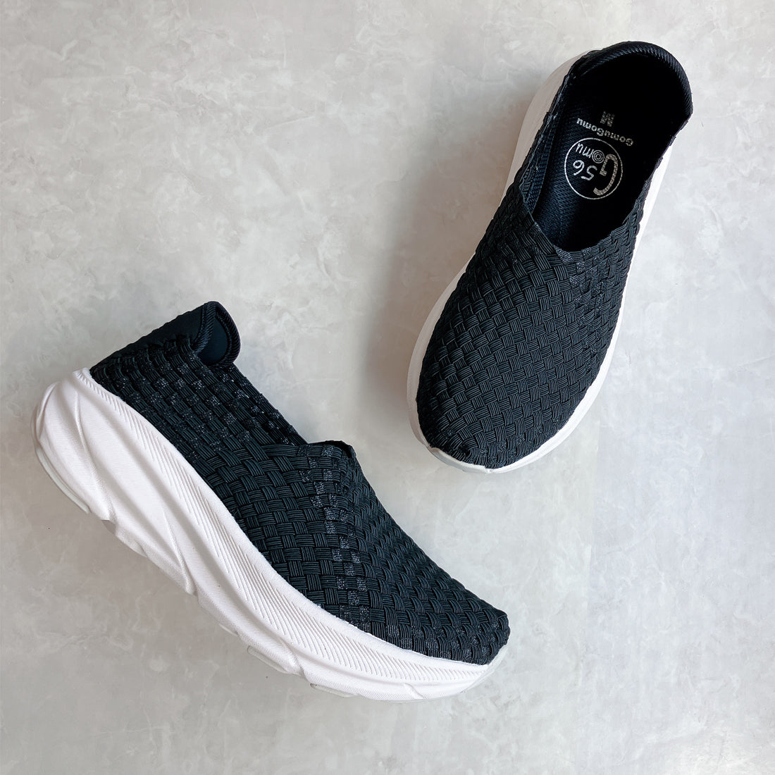 ゴムゴム Gomu56 洗える 軽量 厚底 スリップオンスニーカー (ブラック/ブラックラメ) ブラック/ブラックラメ