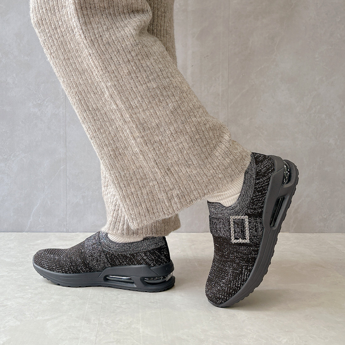 ゴムゴム Gomu56 軽量 厚底 エア入りソール キラキラニット スニーカー (ダークブラウンラメ) ダークブラウンラメ