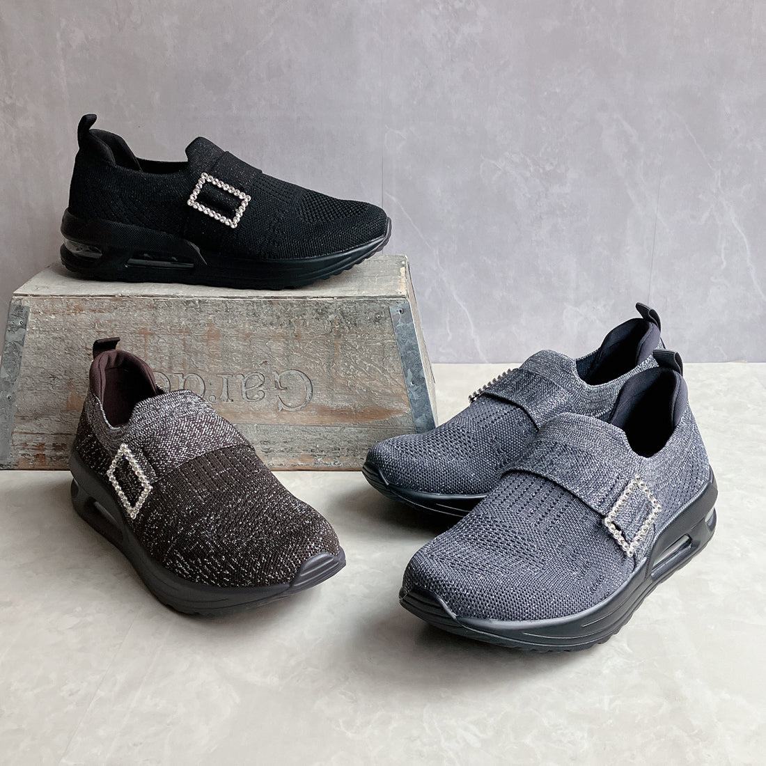 ゴムゴム Gomu56 軽量 厚底 エア入りソール キラキラニット スニーカー (ダークブラウンラメ) ダークブラウンラメ