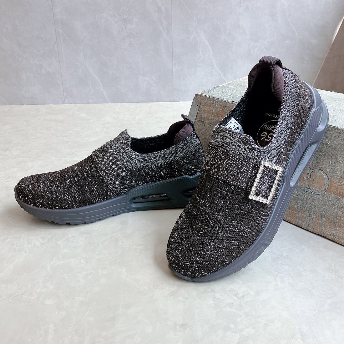 ゴムゴム Gomu56 軽量 厚底 エア入りソール キラキラニット スニーカー (ダークブラウンラメ) ダークブラウンラメ