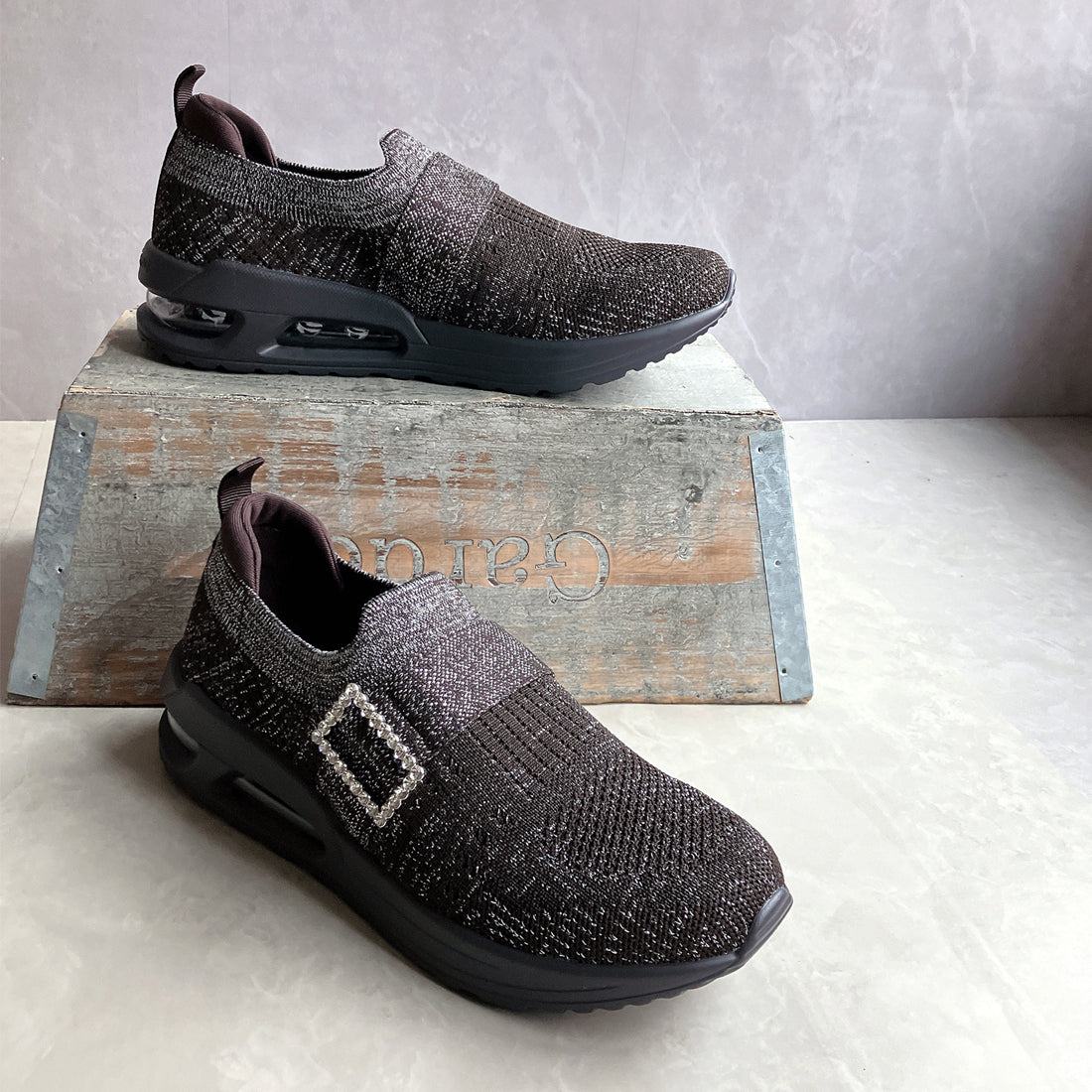 ゴムゴム Gomu56 軽量 厚底 エア入りソール キラキラニット スニーカー (ダークブラウンラメ) ダークブラウンラメ