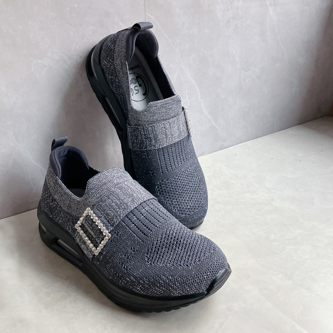 ゴムゴム Gomu56 軽量 厚底 エア入りソール キラキラニット スニーカー (グレーラメ) グレーラメ