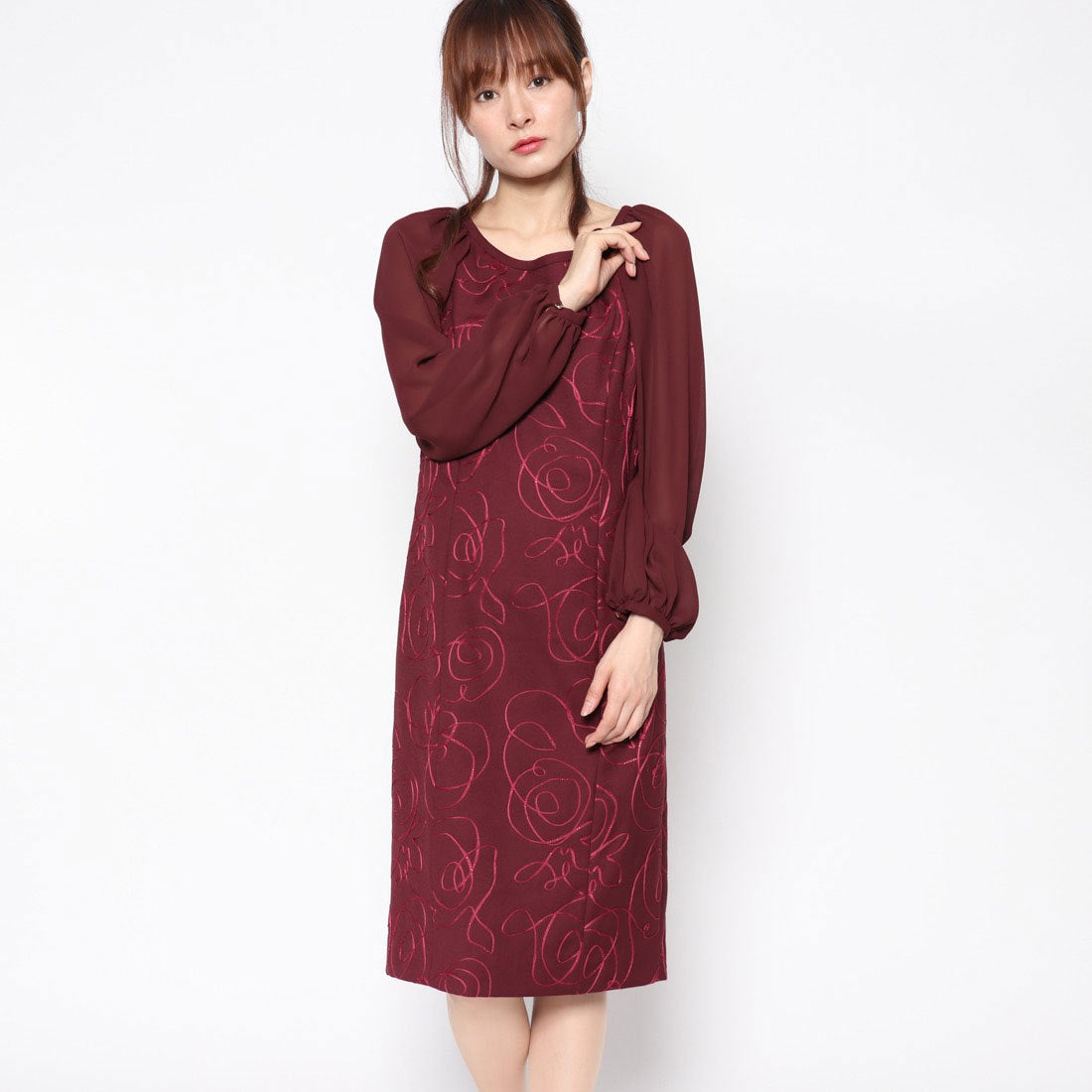 ジュネビビアン Genet Vivien ロングスリーブローズIラインドレス,レッド