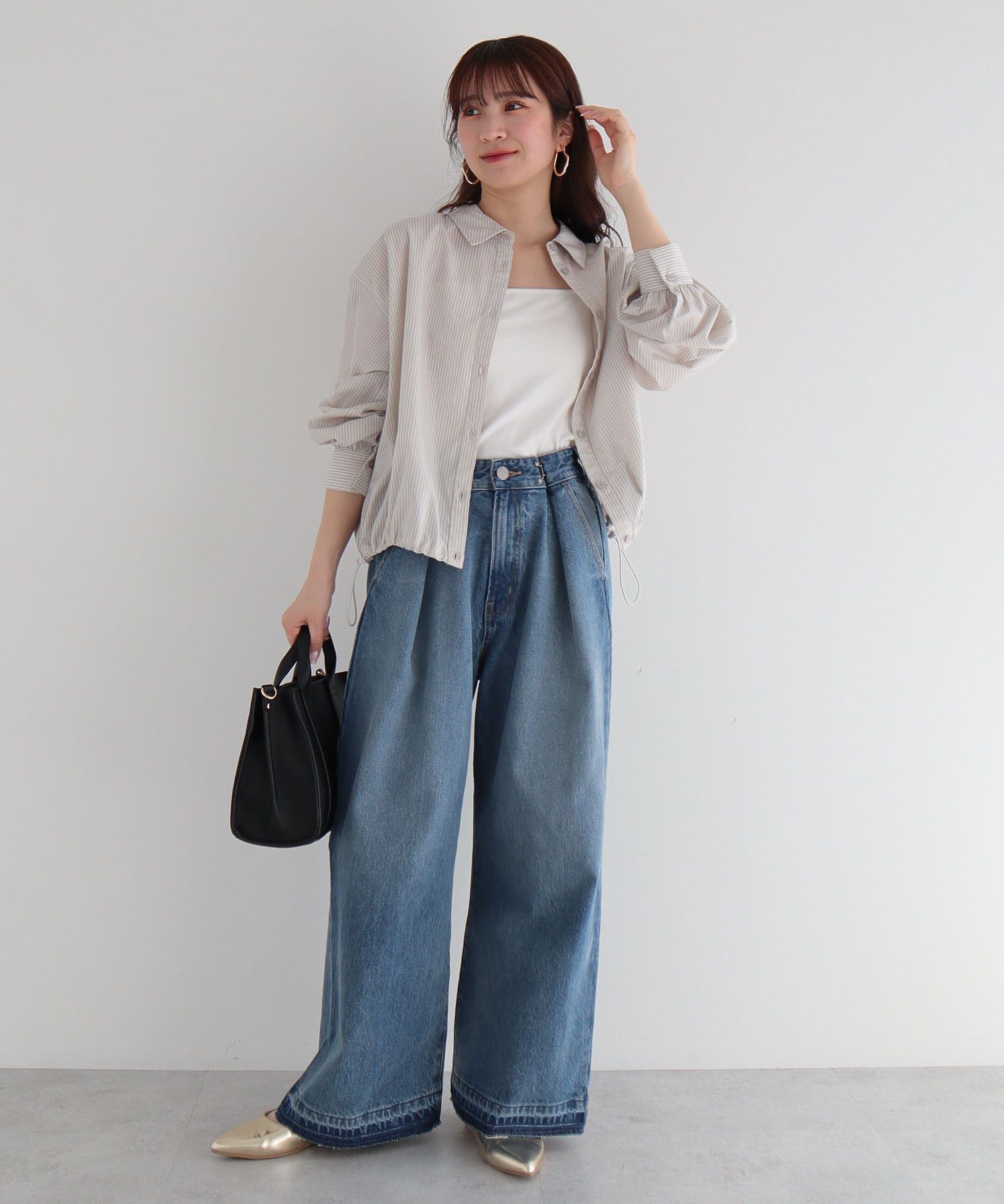 グリーン パークス Green Parks タックワイドデニムパンツ (ホワイト) ホワイト