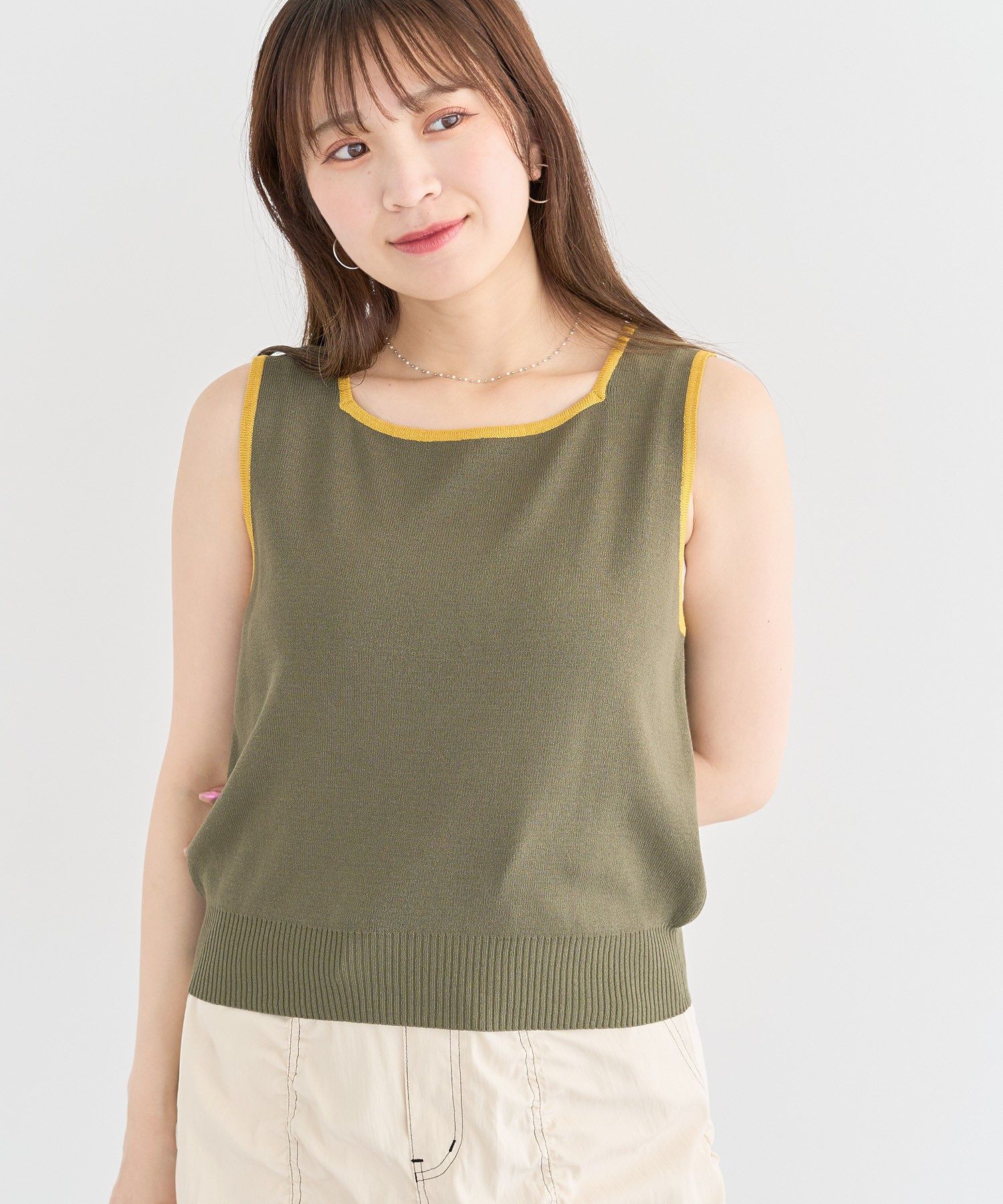 グリーン パークス Green Parks ・ELENCARE DUE バイカラーニットタンク (カーキ) カーキ