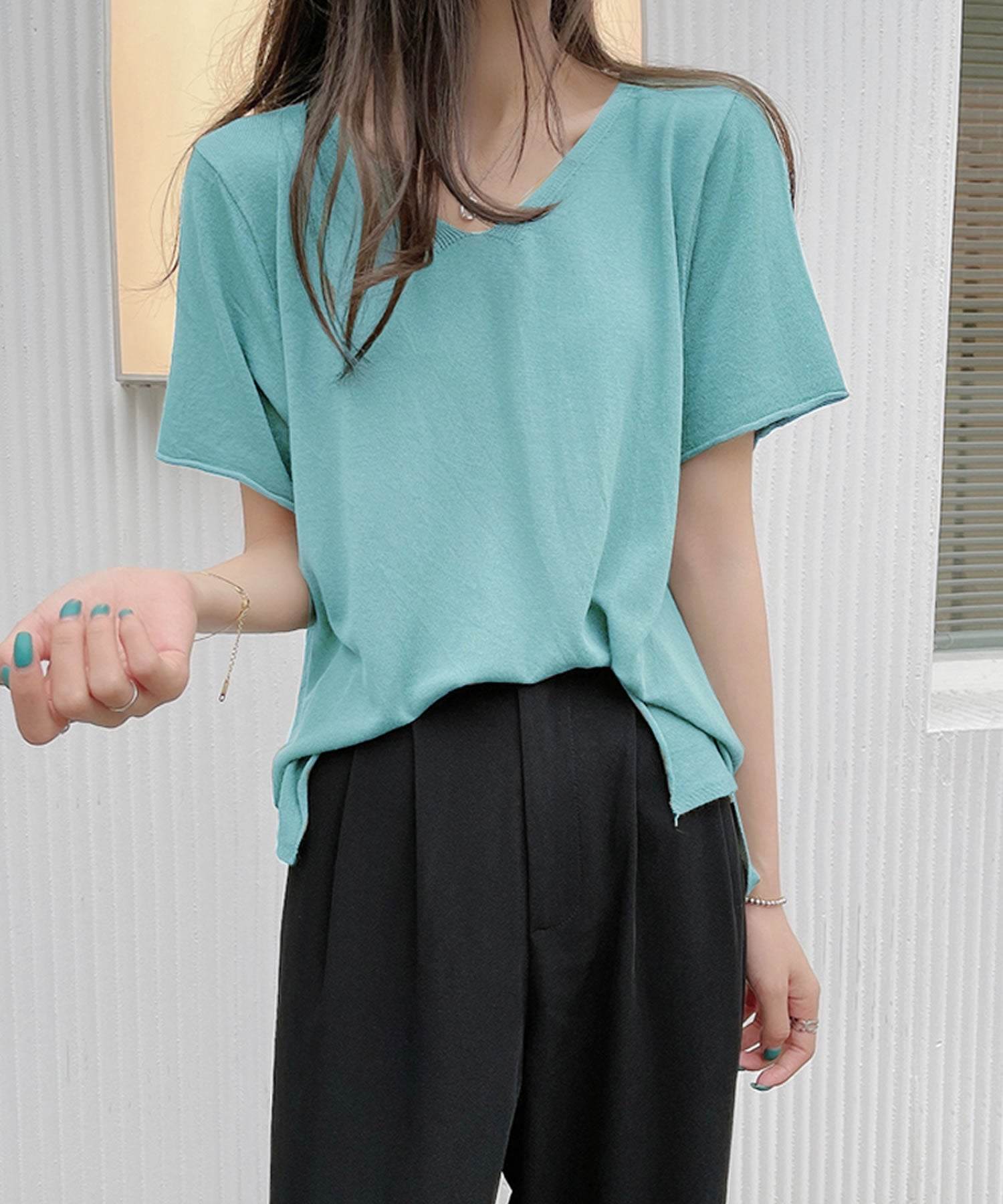 グランディール Grandeir 全4色 Vネック五分袖サマーニットトップス