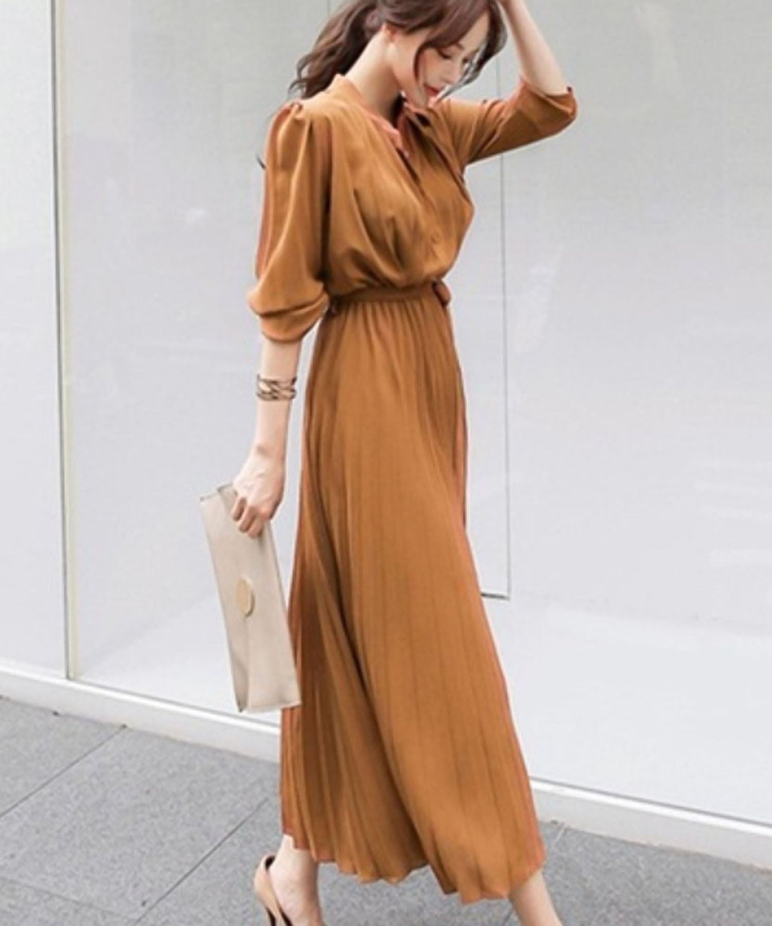 ガーリードール Girly Doll ウエストリボンワンピース【韓国ファッション】 (キャメル) キャメル