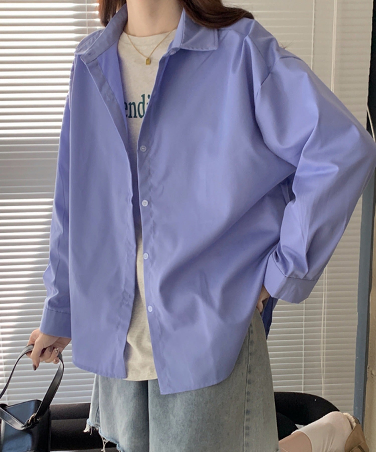 ガーリードール Girly Doll オーバーサイズシャツ【韓国ファッション】 (パープル-ブルー) パープル-ブルー