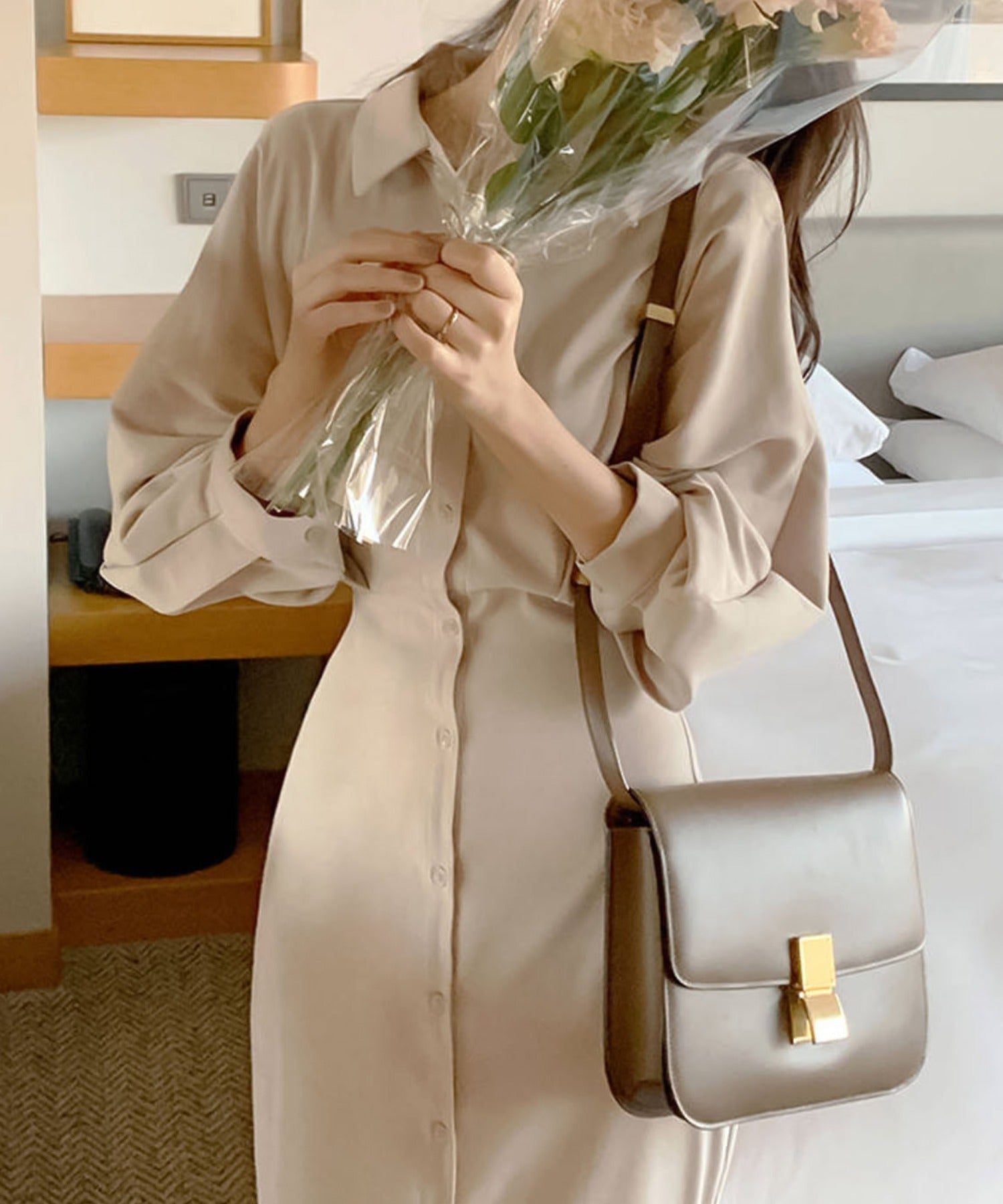 ガーリードール Girly Doll ボリュームシャツバルーンスリーブワンピース【韓国ファッション】 (ベージュ) ベージュ