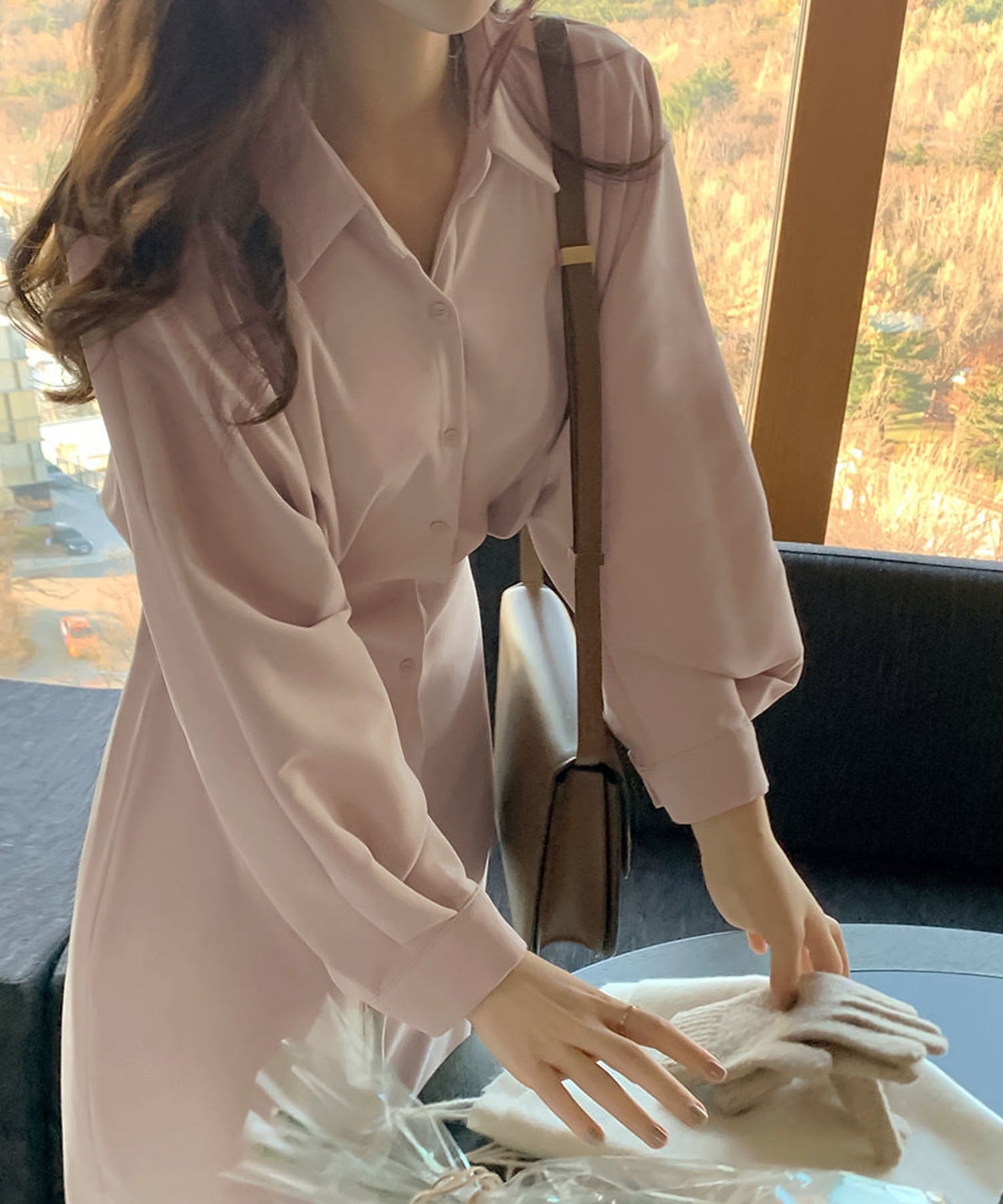 ガーリードール Girly Doll ボリュームシャツバルーンスリーブワンピース【韓国ファッション】 (ピンクベージュ) ピンクベージュ