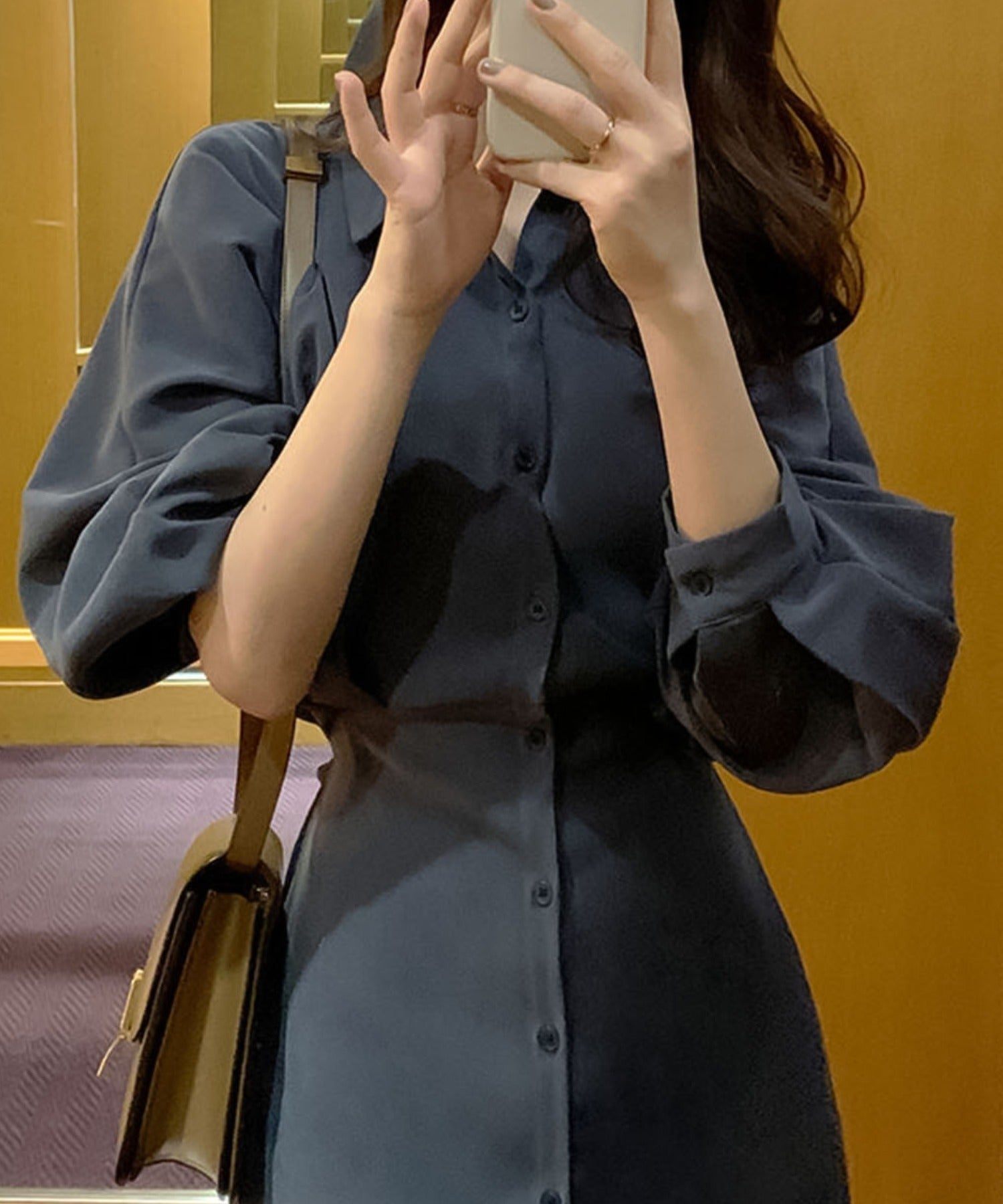 ガーリードール Girly Doll ボリュームシャツバルーンスリーブワンピース【韓国ファッション】 (ネイビー) ネイビー