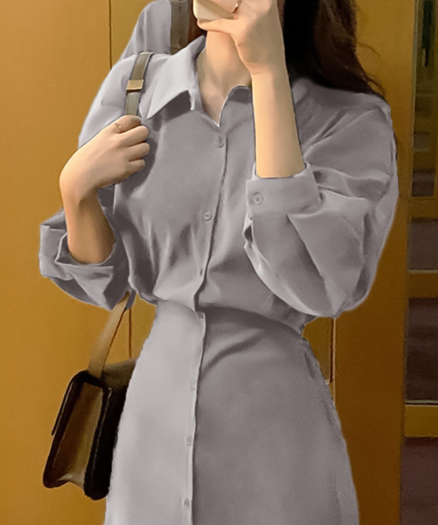 ガーリードール Girly Doll ボリュームシャツバルーンスリーブワンピース【韓国ファッション】 (グレー) グレー