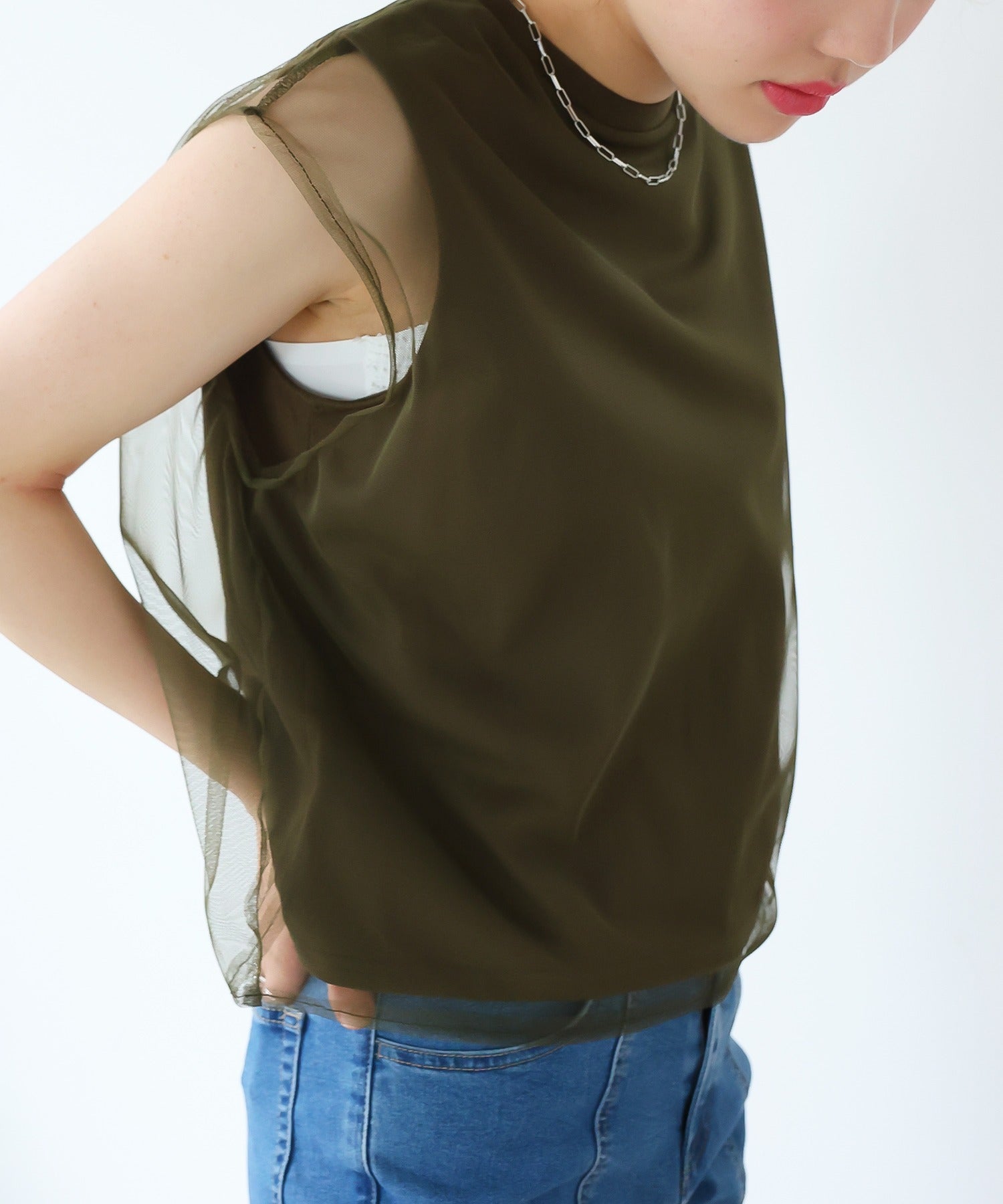 ガーリードール Girly Doll チュールレイヤードノースリーブTee (カーキ) カーキ