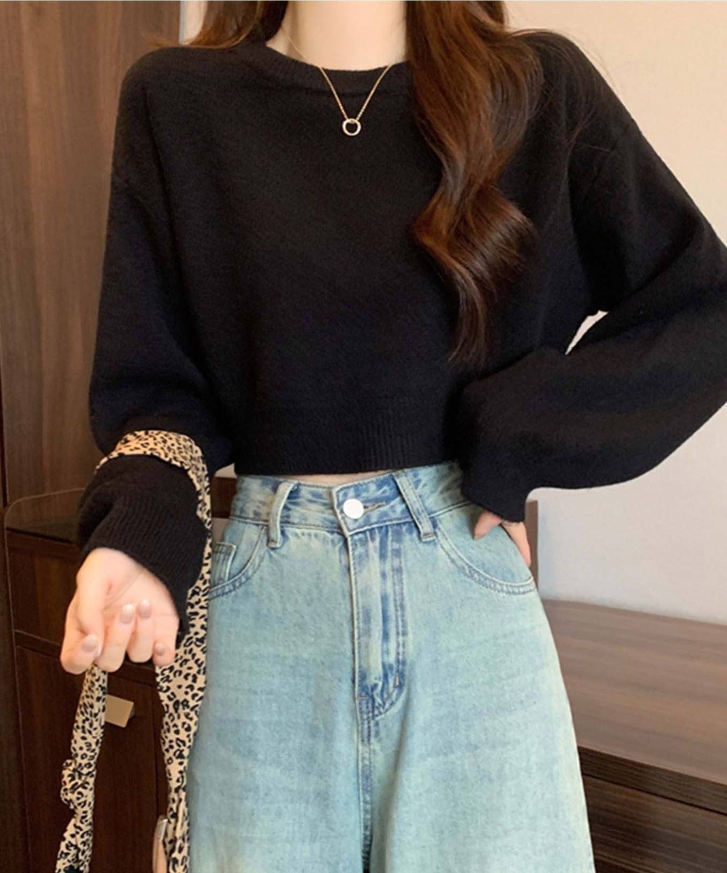 ガーリードール Girly Doll クロップド丈クルーネックニット (ブラック) ブラック