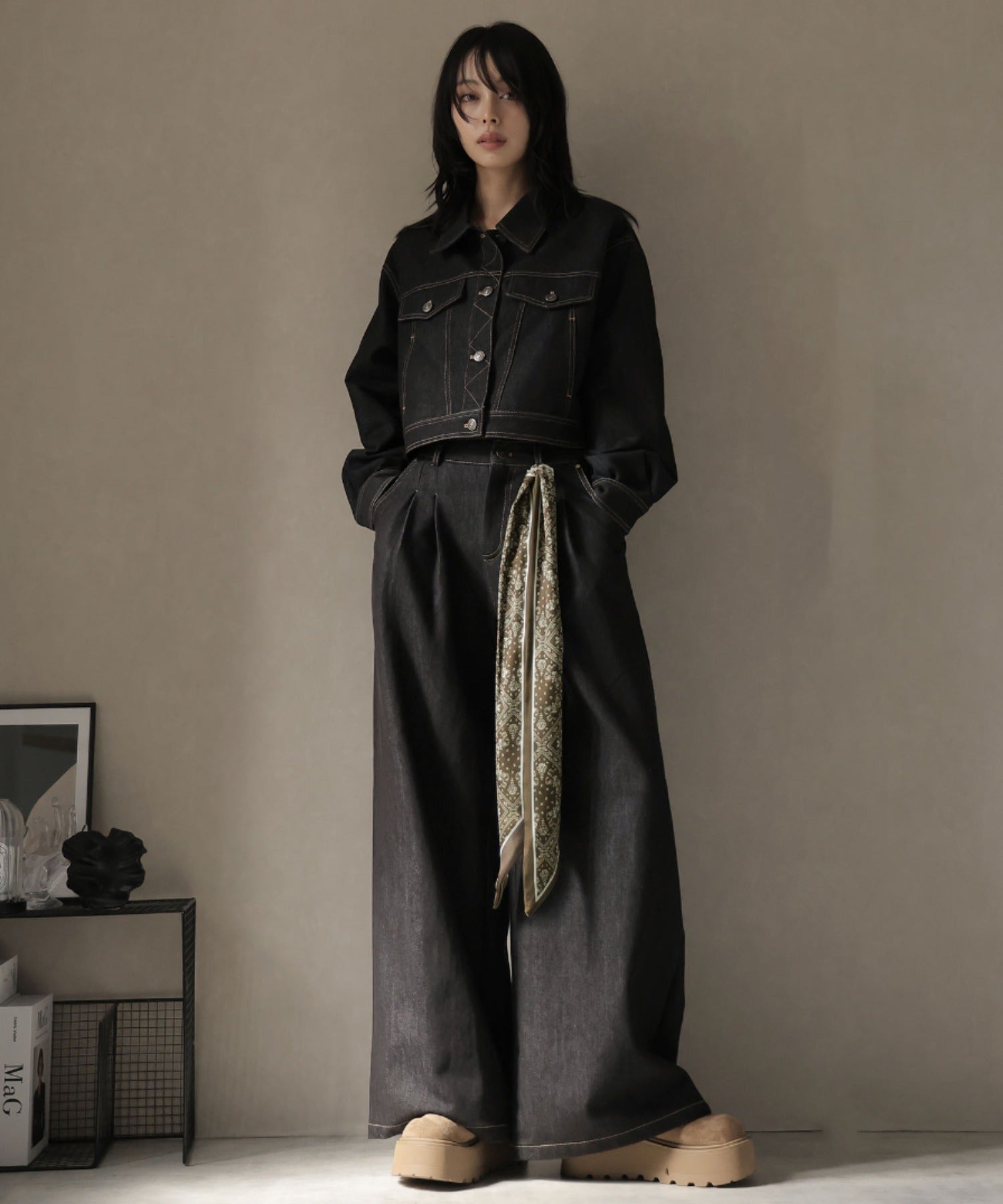 ガーリードール Girly Doll スカーフ付きデニムセットアップ ジャケット×パンツ (ブラック) ブラック