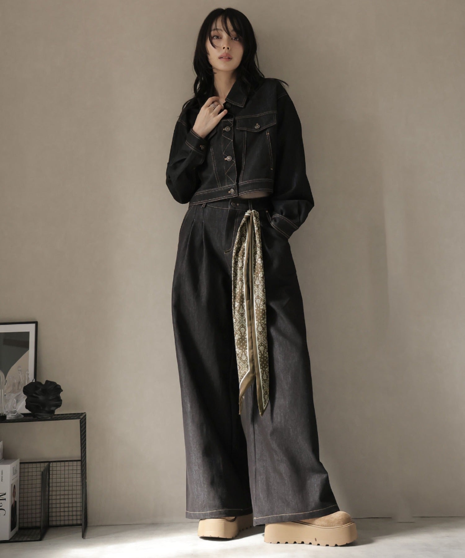 ガーリードール Girly Doll スカーフ付きデニムセットアップ ジャケット×パンツ (ブラック) ブラック