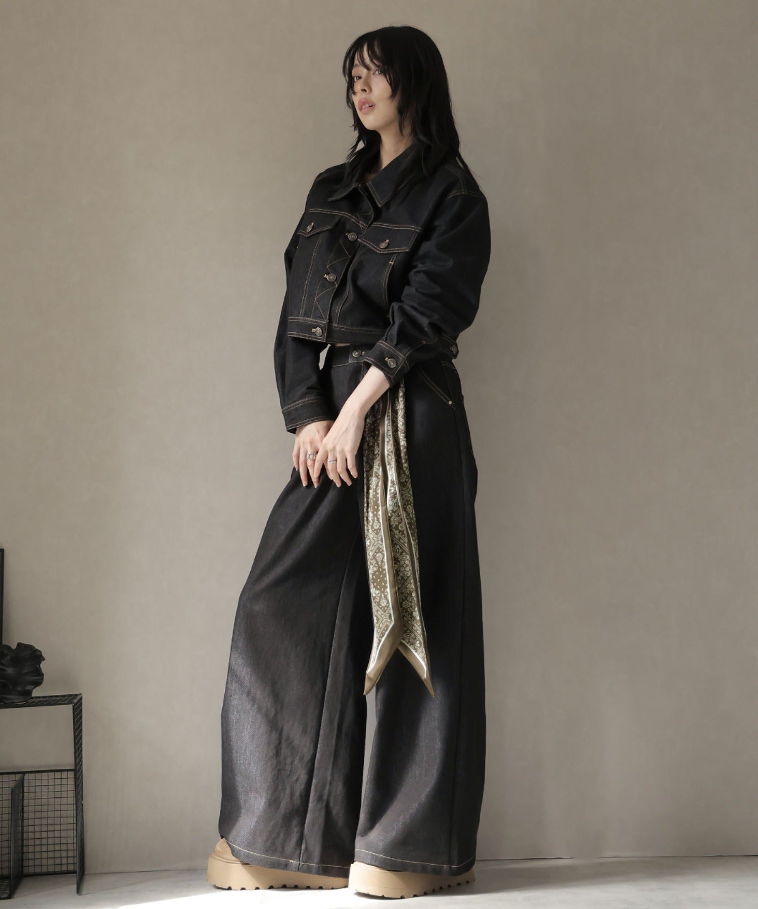 ガーリードール Girly Doll スカーフ付きデニムセットアップ ジャケット×パンツ (ブラック) ブラック