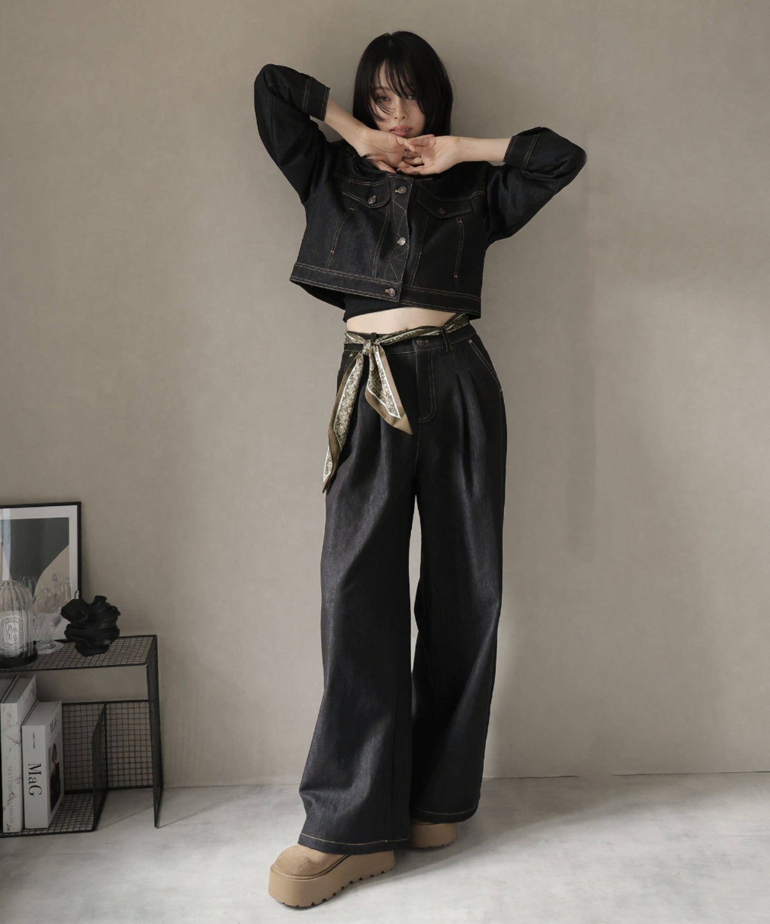 ガーリードール Girly Doll スカーフ付きデニムセットアップ ジャケット×パンツ (ブラック) ブラック