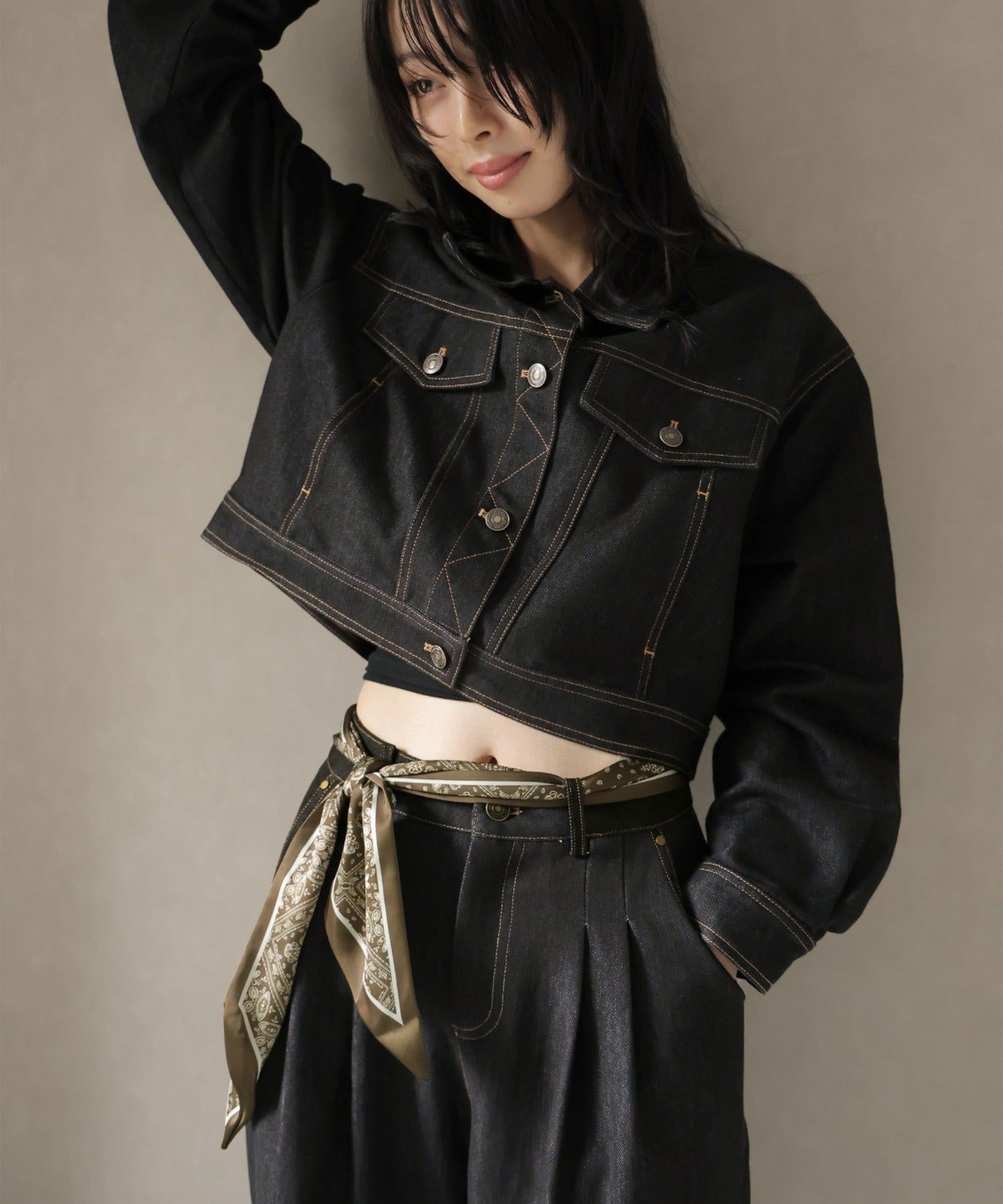 ガーリードール Girly Doll スカーフ付きデニムセットアップ ジャケット×パンツ (ブラック) ブラック