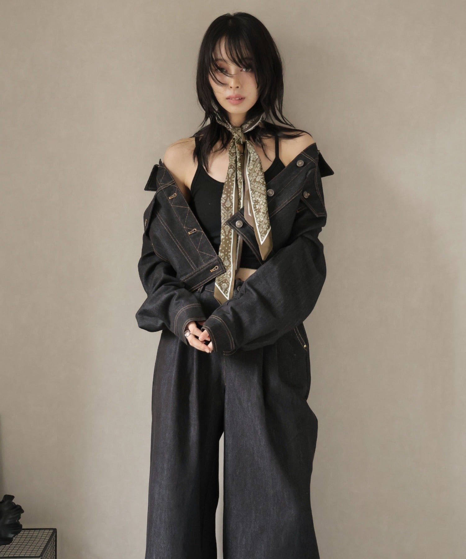 ガーリードール Girly Doll スカーフ付きデニムセットアップ ジャケット×パンツ (ブラック) ブラック