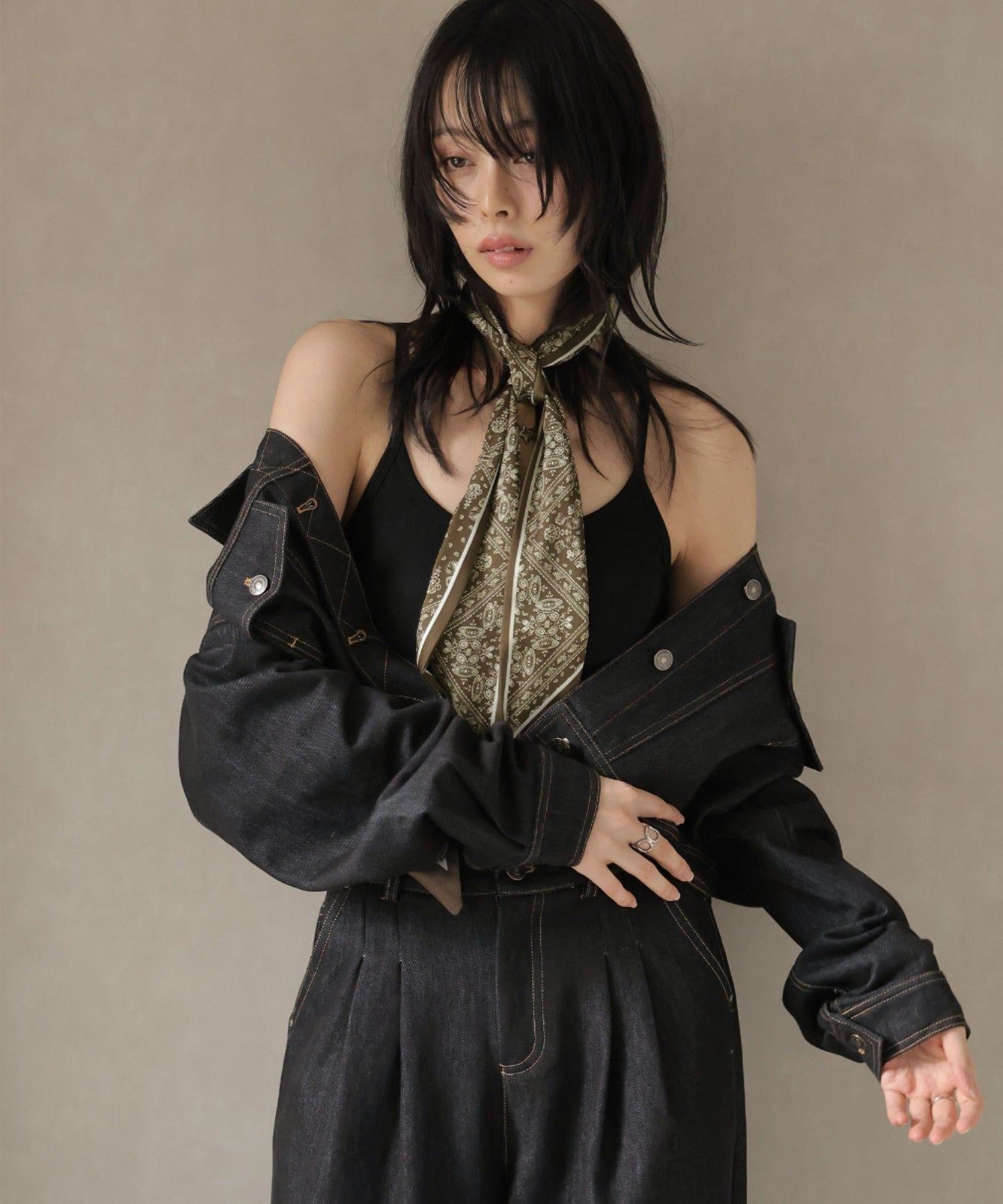 ガーリードール Girly Doll スカーフ付きデニムセットアップ ジャケット×パンツ (ブラック) ブラック