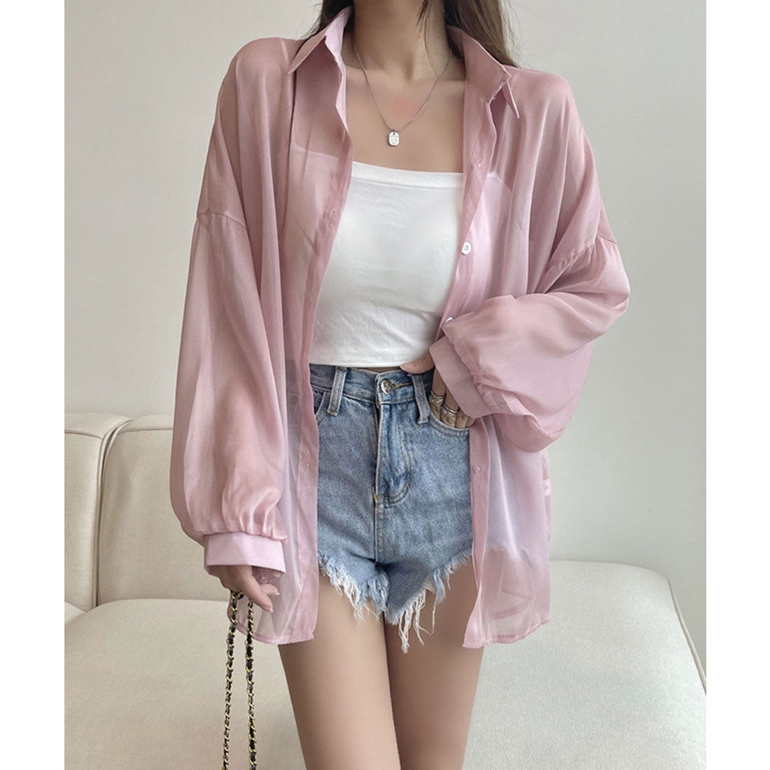 ガーリードール Girly Doll シャイニーシアーシャツ【韓国ファッション】 (ライトピンク) ライトピンク