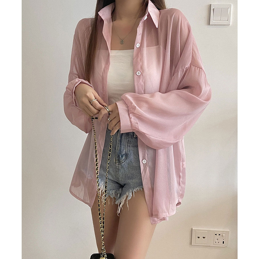 ガーリードール Girly Doll シャイニーシアーシャツ【韓国ファッション】 (ライトピンク) ライトピンク