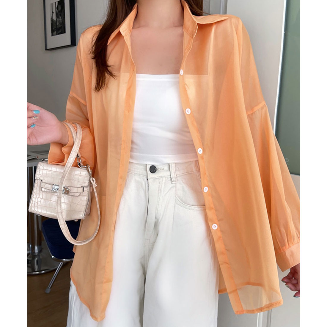 ガーリードール Girly Doll シャイニーシアーシャツ【韓国ファッション】 (オレンジ) オレンジ