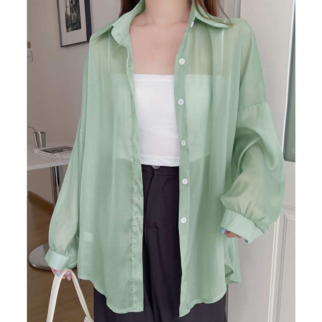 ガーリードール Girly Doll シャイニーシアーシャツ【韓国ファッション】 (グリーン) グリーン